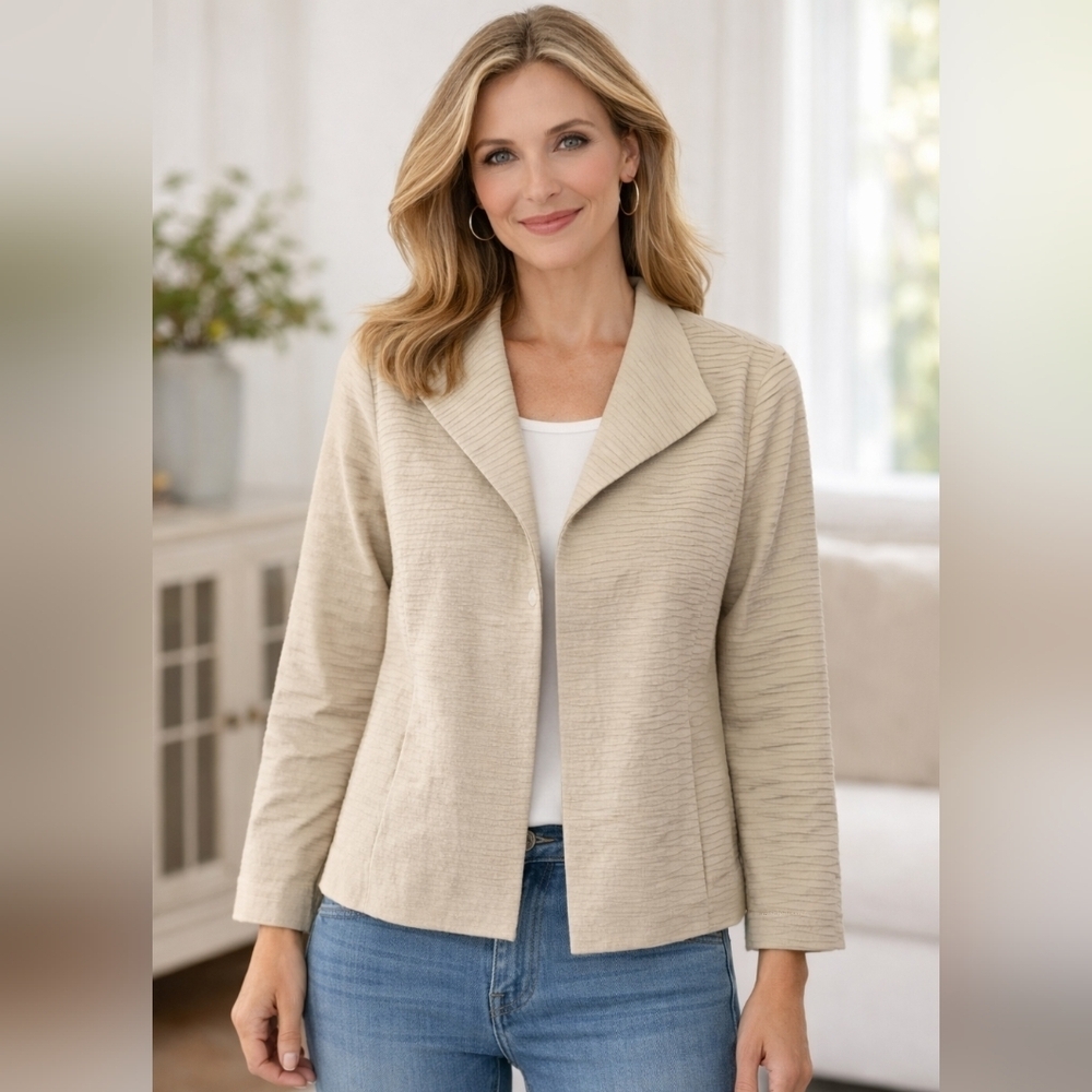 Eileen Fisher Cream Silk Textured Open Front Cardigan Jacket sz XS T07